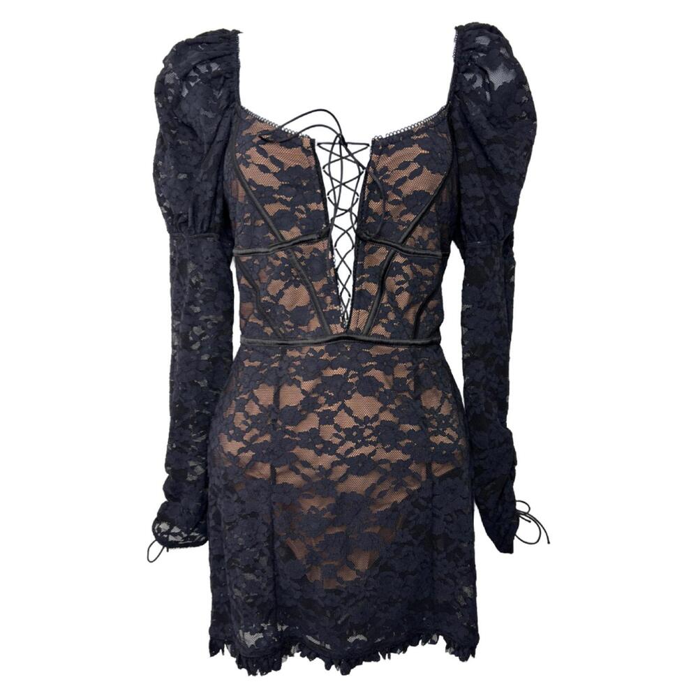 For Love & Lemons Women's Sz S Black Lace Violetta Tie-up Slip Mini Dress( 1945)